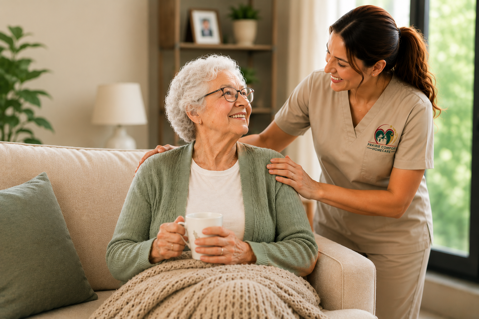 Caregiver providing compassionate dementia and Alzheimer’s care support to a senior at home in Alberta.
